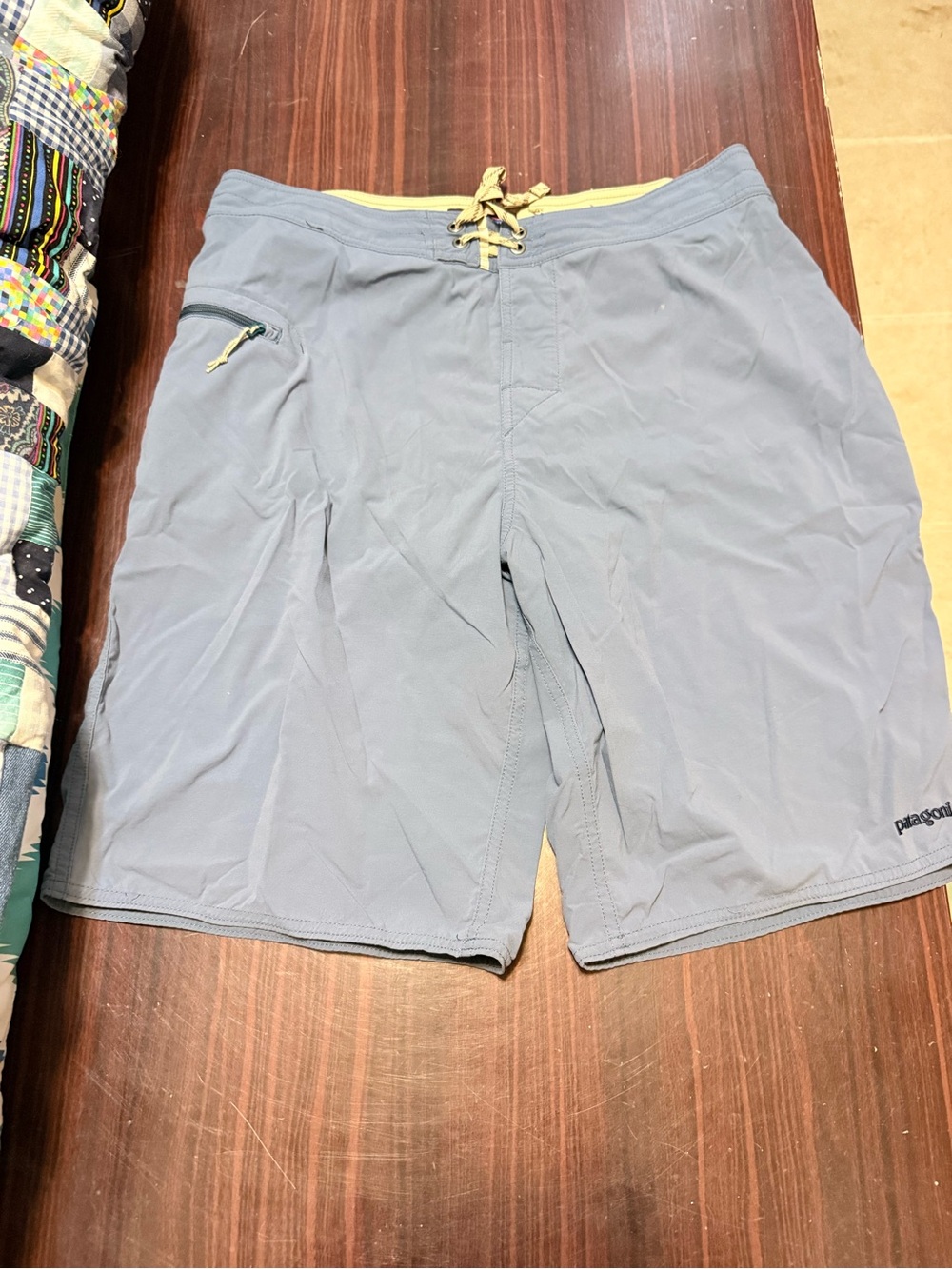 Patagonia Men's Light Blue Hybrid Shorts with Yellow Drawcord